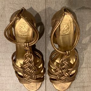 Tory Burch gold leather sandal heels
